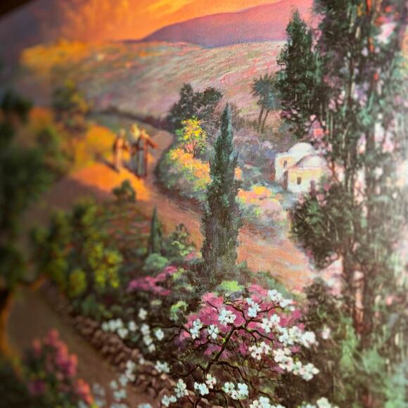 Vintage Framed Landscape Print — Sunset Hillside Scene with Travelers - Picture 3 of 6